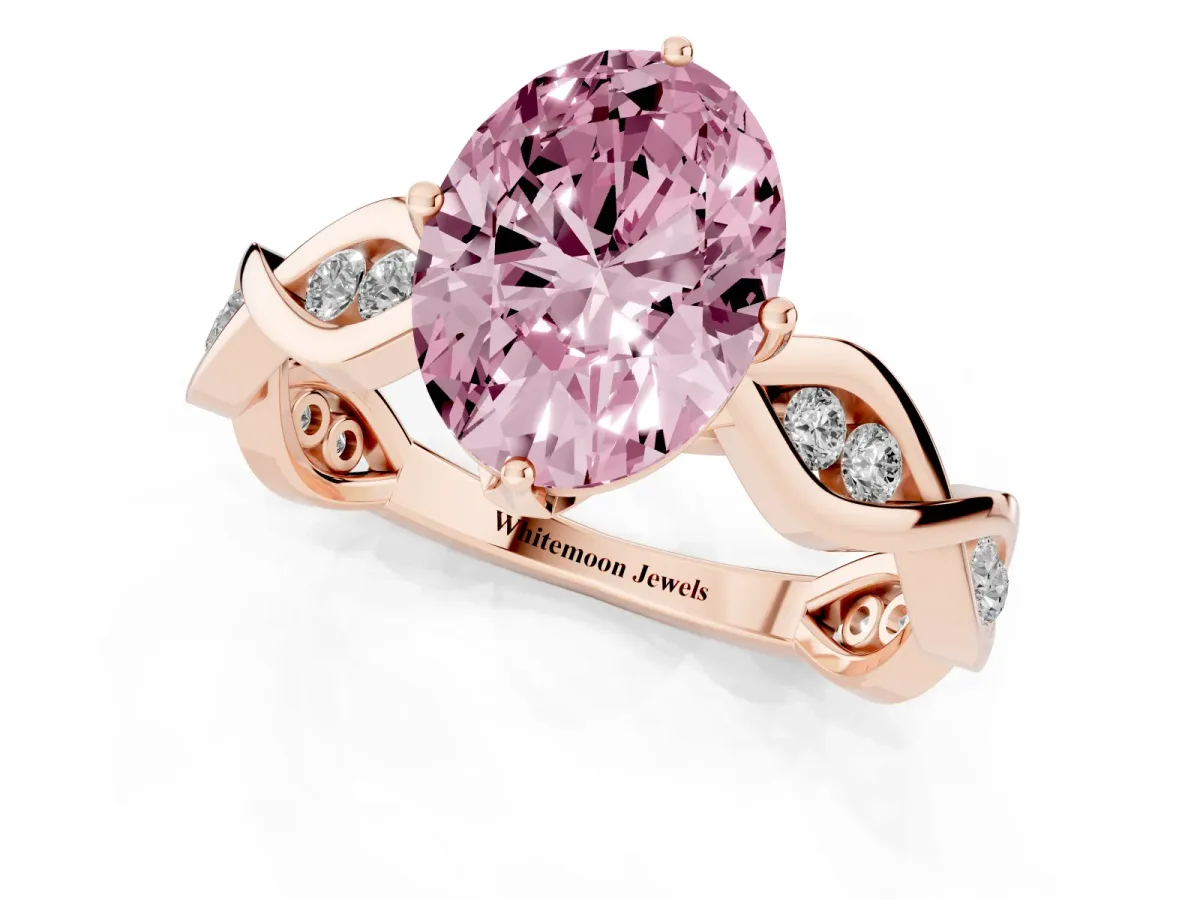 Fancy Pink Oval Cut Solitaire Twist Band with Leaf Prong Setting Rose gold