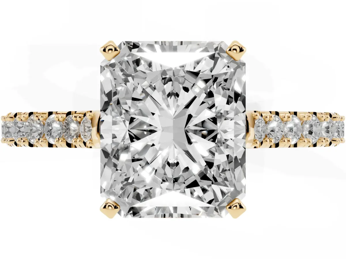 Radiant Cut Cut Solitaire Diamond Engagement Ring with Pave Band and Four-Prong Setting Yellow gold