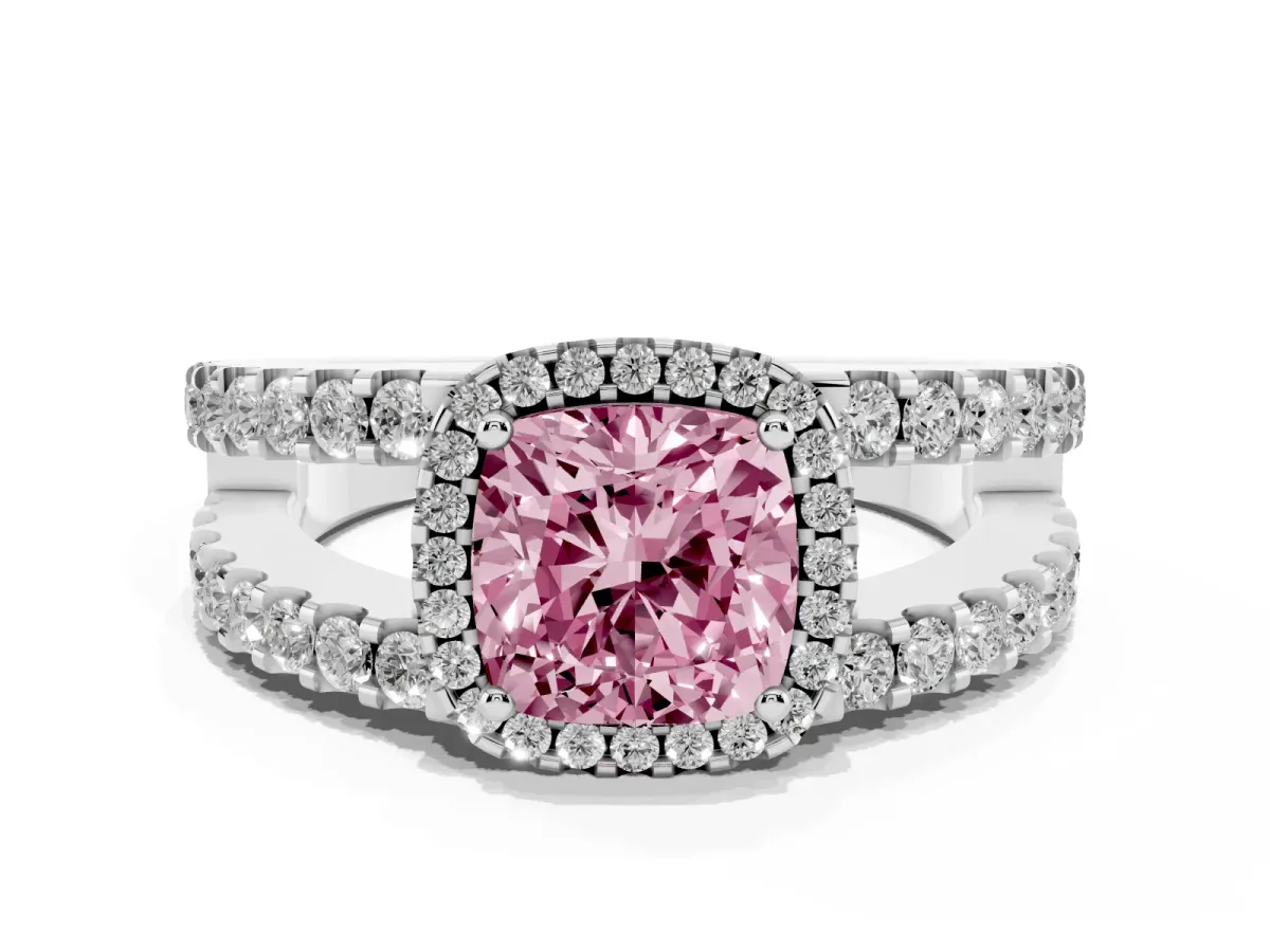 Fancy Pink Cushion Cut Cut Halo Split Shank Diamond Ring with Four-Prong Setting Silver