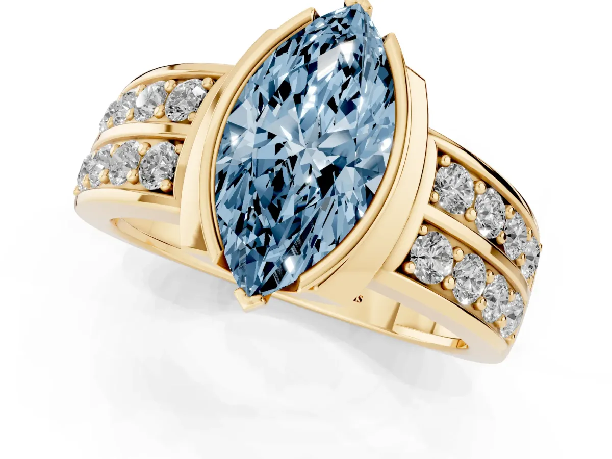 Fancy Blue Marquise Cut Brilliant Diamond Channel Set Wide Band Ring with Bezel Setting Yellow gold