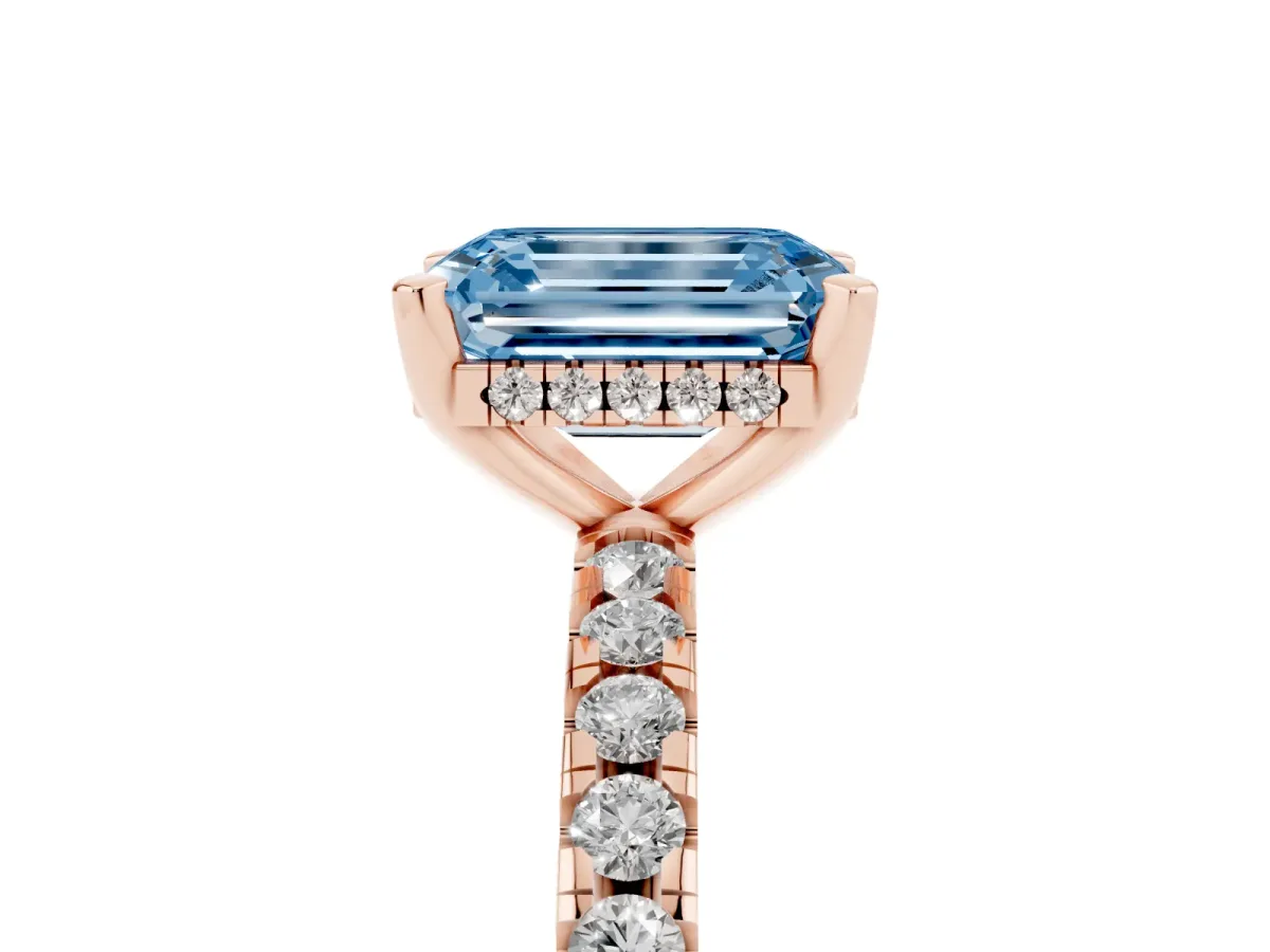 Fancy Blue Emerald Cut Diamond Solitaire Ring with Round Pavé Band and Four-Prong Setting Rose gold