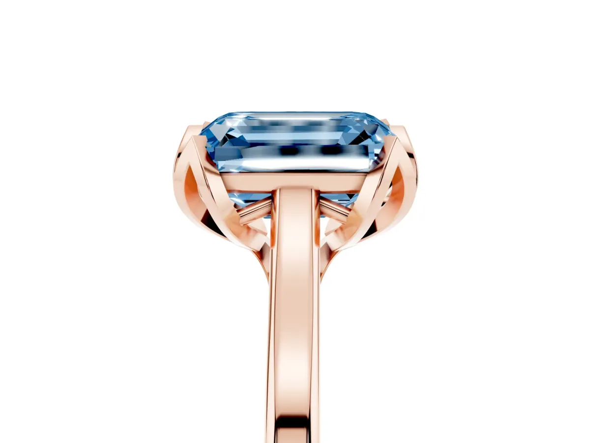 Fancy Blue Emerald Cut Diamond Solitaire Ring with Flower Prong Setting and Classic Band Rose gold