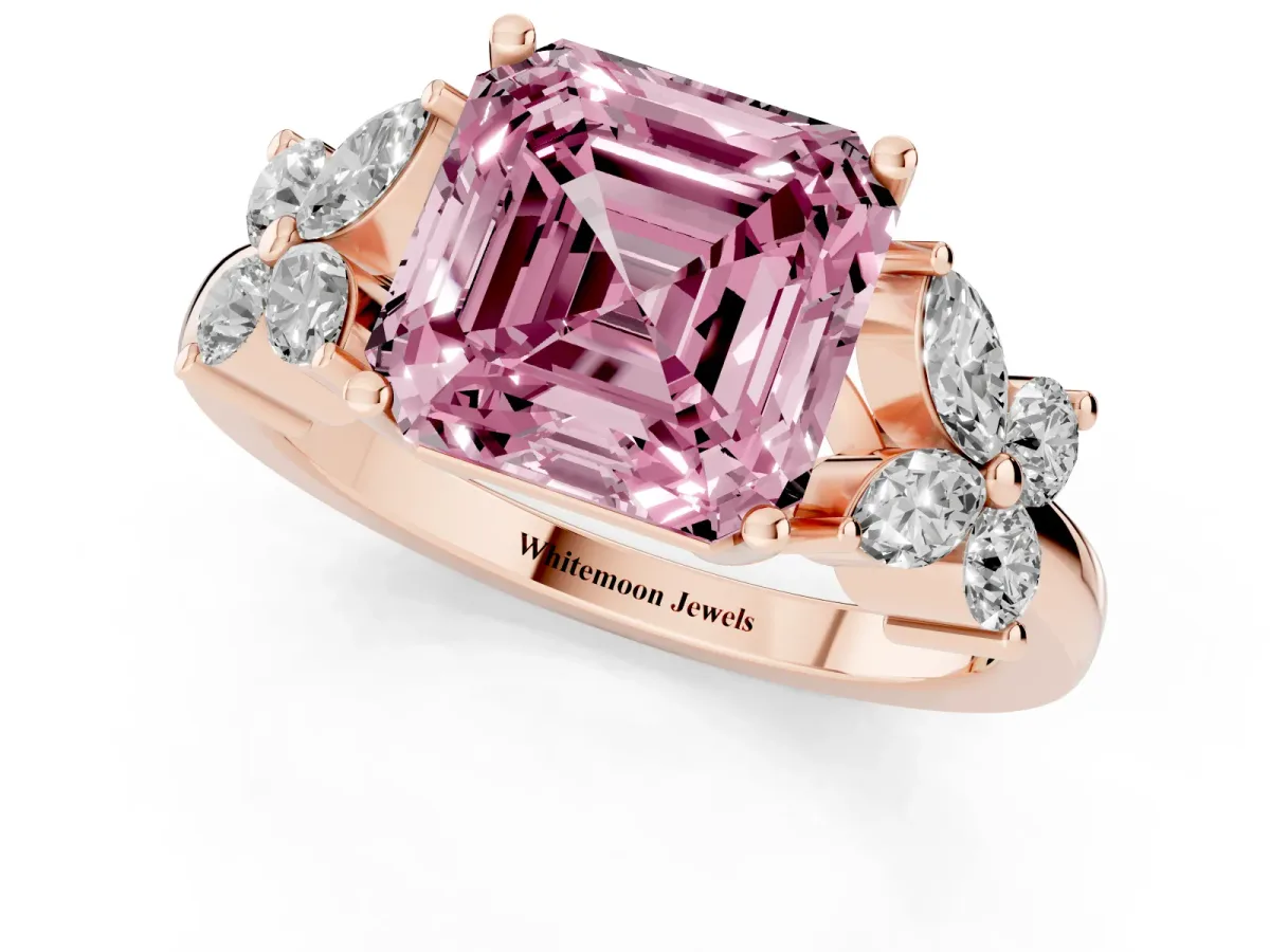 Fancy Pink Princess Cut Diamond Floral Cluster Ring with Solitaire Band and Prong Setting Rose gold