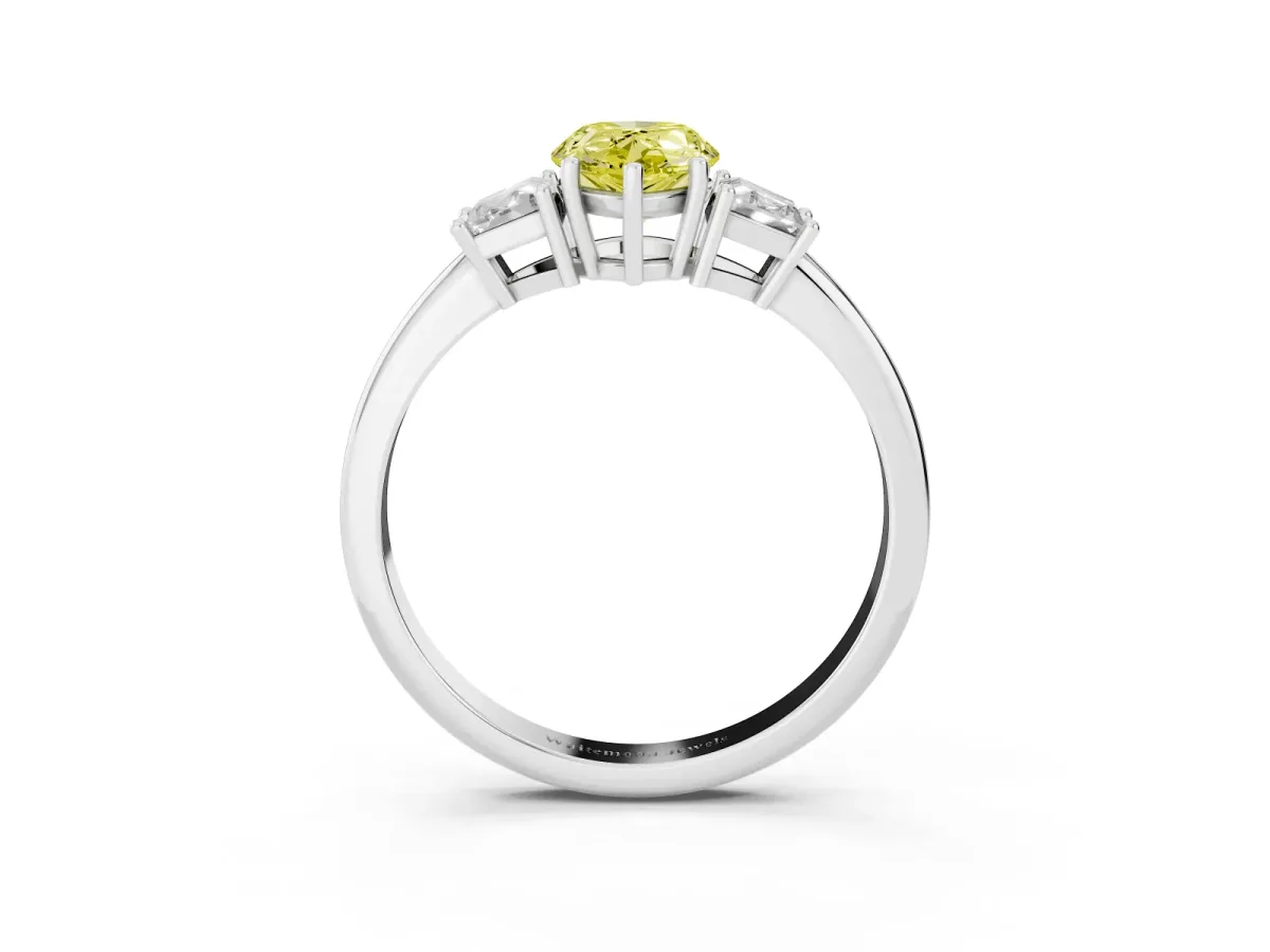 Fancy Yellow Pear Cut Diamond Three-Stone Ring with Trapezoid Side Stones and Prong Setting Platinum