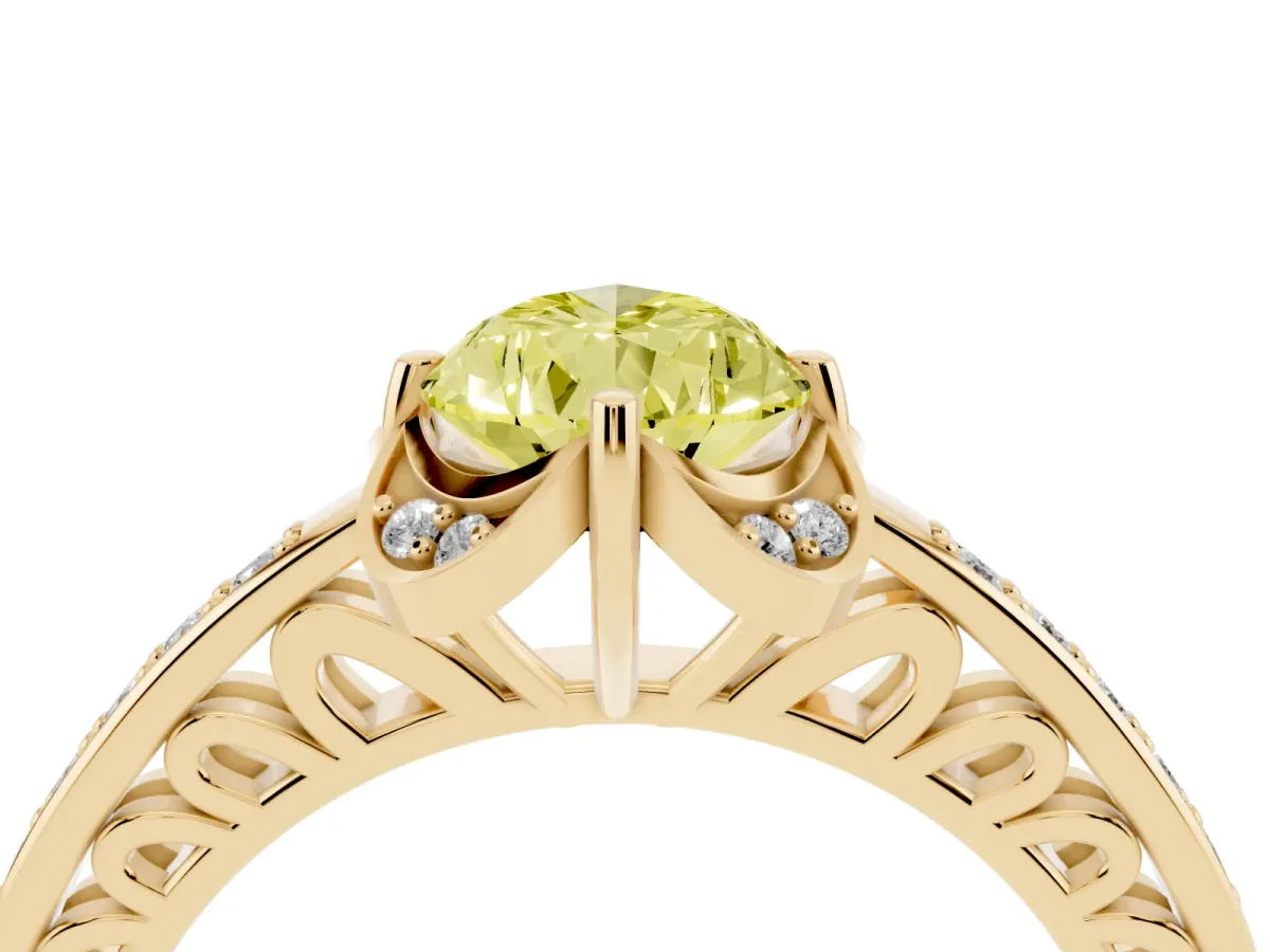 Fancy Yellow Pear Cut Cut Halo Diamond Ring with Channel Set Band and Four-Prong Setting Yellow gold