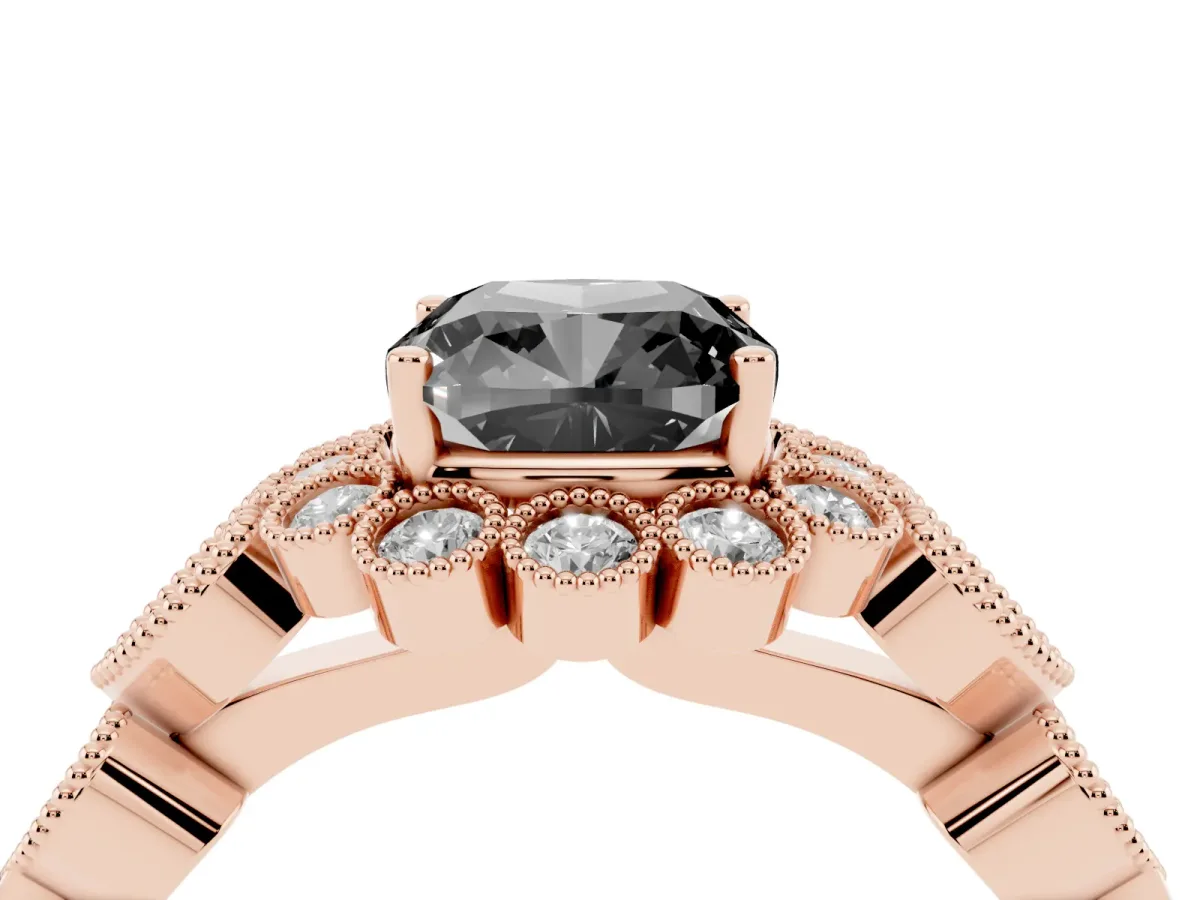Fancy Black Cushion Cut Brilliant Milgrain Pave Heart Band Solitaire Ring Rose gold