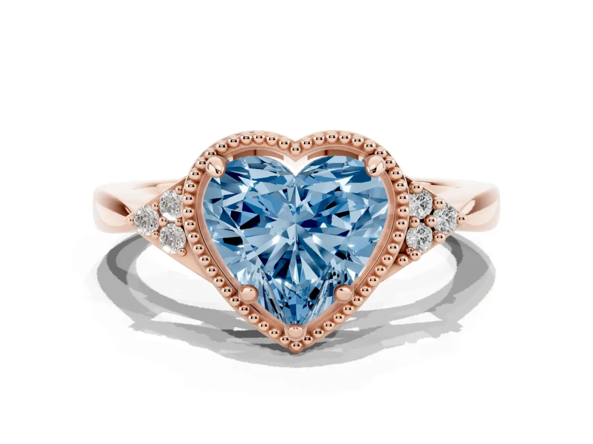 Fancy Blue Milgrain Heart Cut Cut Diamond Ring with Tapered Pave Band and Four Prong Setting Rose gold