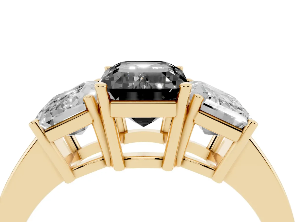 Fancy Black Three-Stone Emerald Cut Cut Diamond Engagement Ring with Flat Band and Four-Prong Setting Yellow gold