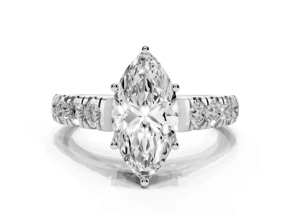 Marquise Cut Cut Diamond Solitaire Ring with Micro Pave Band and Prong Setting Platinum