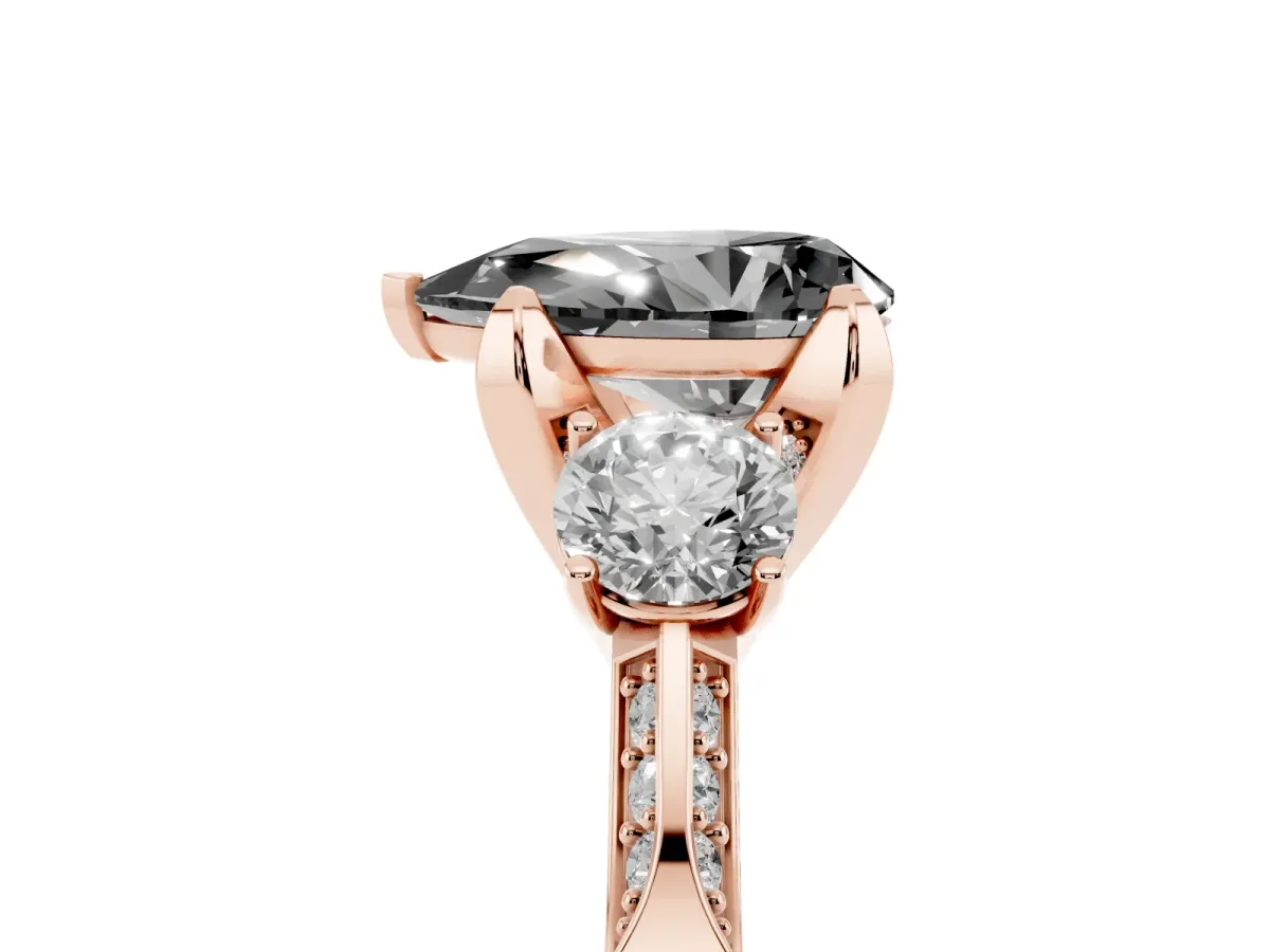 Fancy Black Pear Cut Brilliant Three-Stone Diamond Ring with Pavé Band and Four-Prong Setting Rose gold