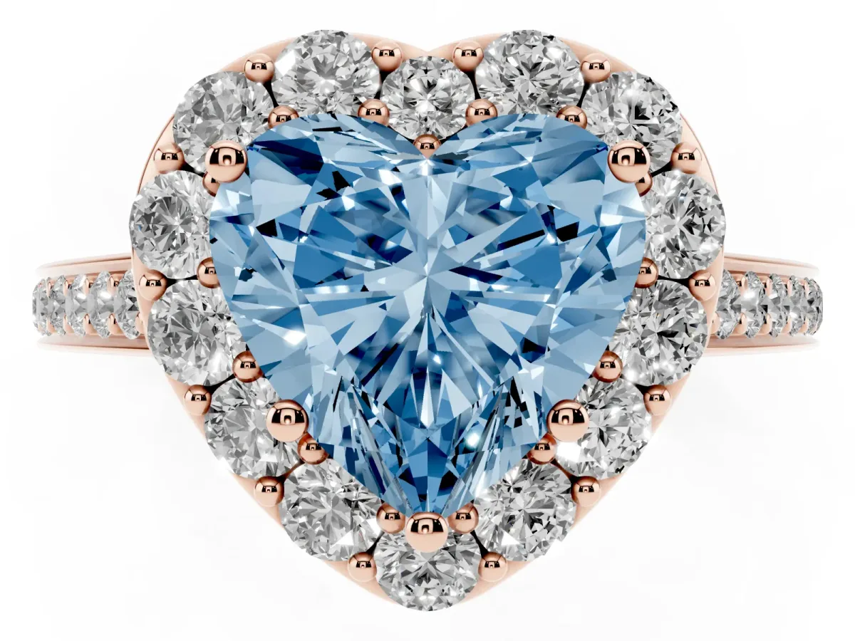 Fancy Blue Heart Cut Diamond Floral Halo Ring with Pavé Band and Prong Setting Rose gold