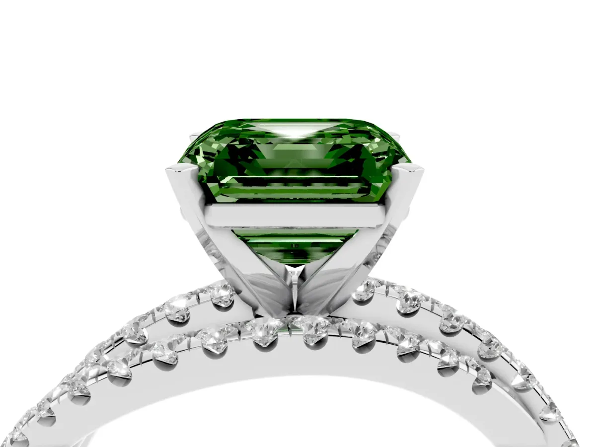 Fancy Green Asscher Cut Solitaire Twist Band with Pavé Setting and Four-Prong Setting Silver