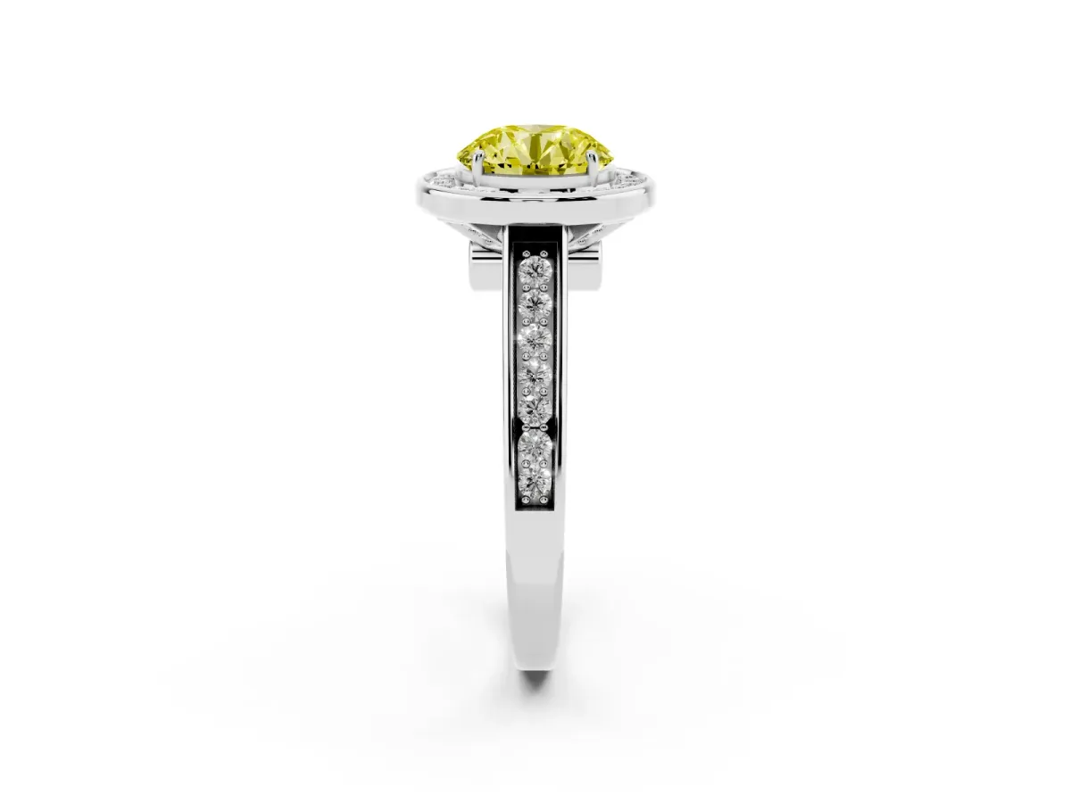Fancy Yellow Round Cut Halo Solitaire Diamond Ring with Pave Band and Bezel Setting Silver