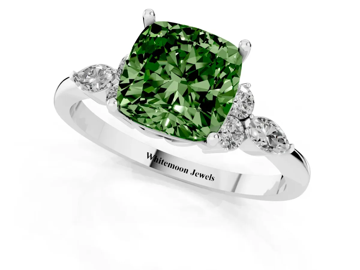 Fancy Green Cushion Cut Brilliant Diamond Solitaire Ring with Pear Side Stones and Four-Prong Setting Platinum