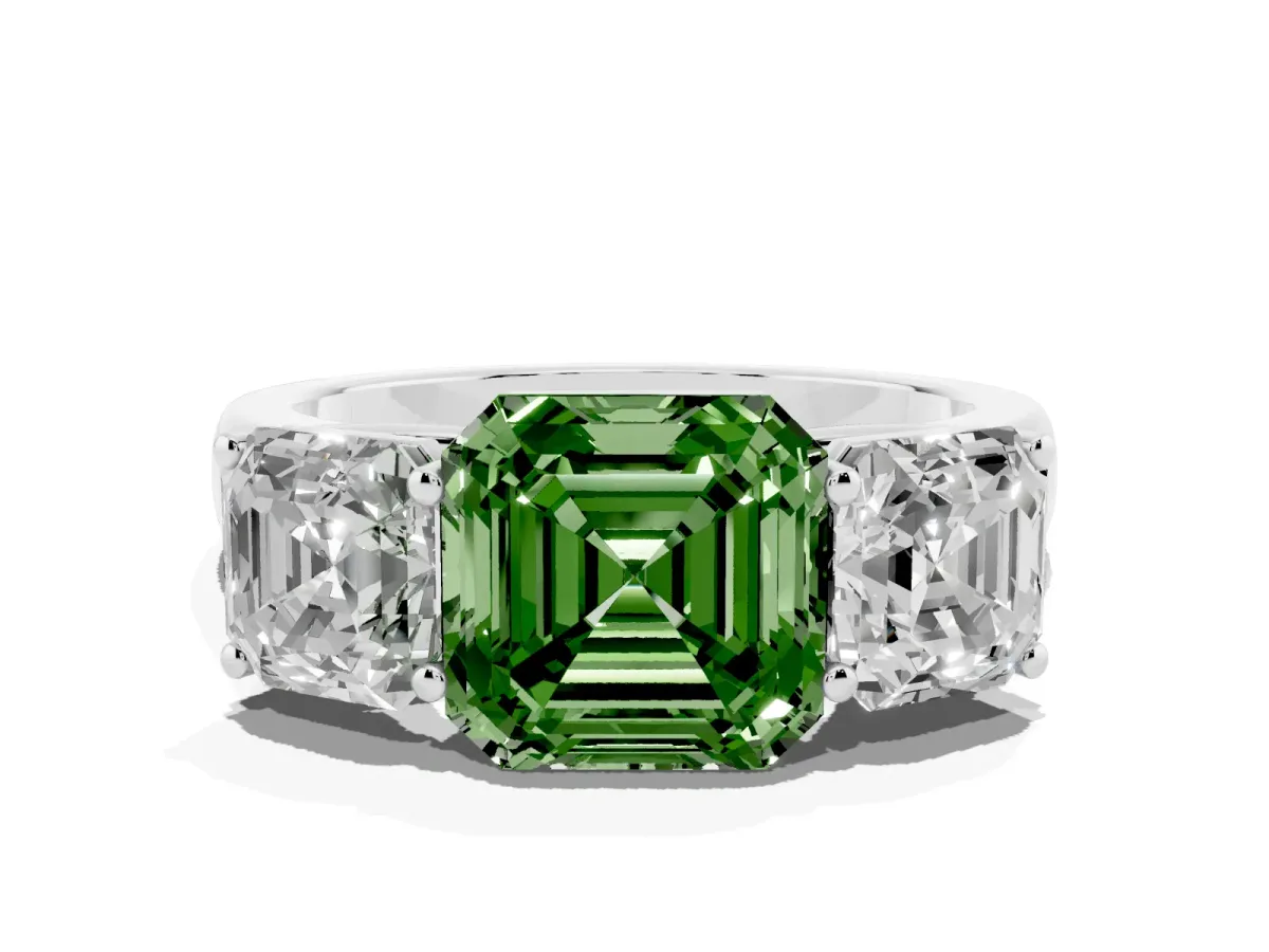 Fancy Green Asscher Cut Three-Stone Diamond Ring with Prong Setting on a Classic Band Platinum