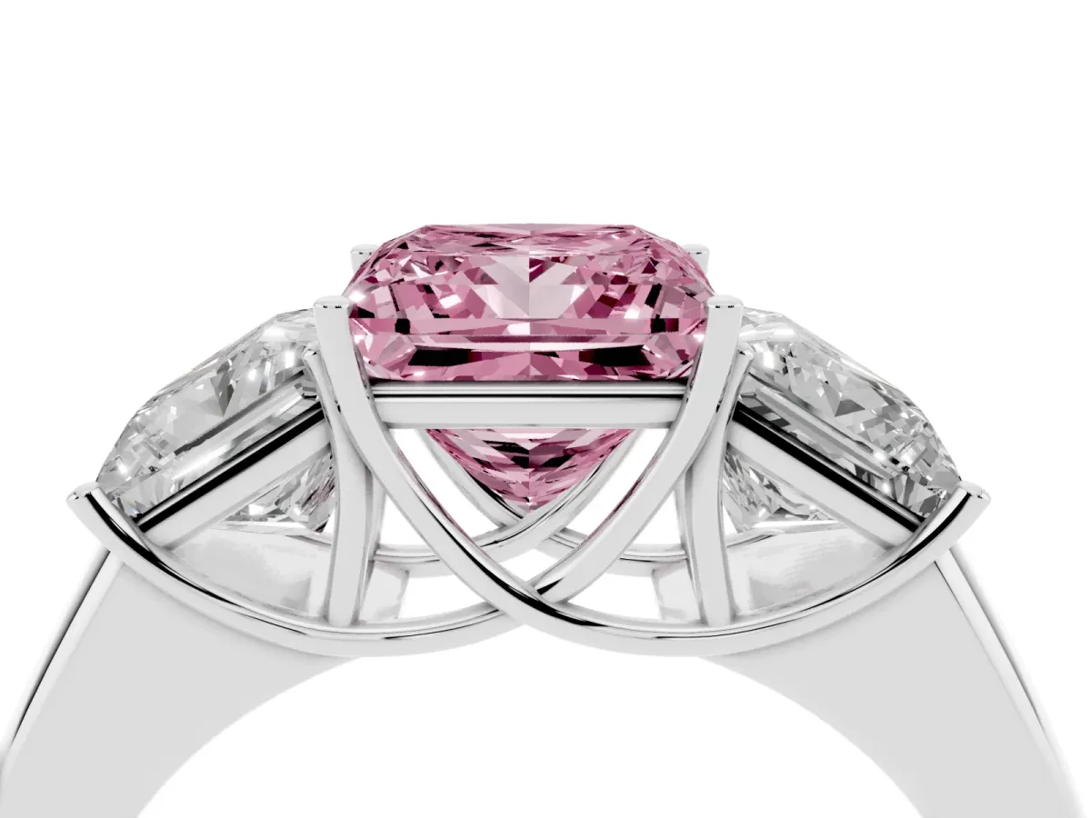 Fancy Pink Three-Stone Princess Cut Cut Diamond Ring with Prong Setting and Classic Band Silver