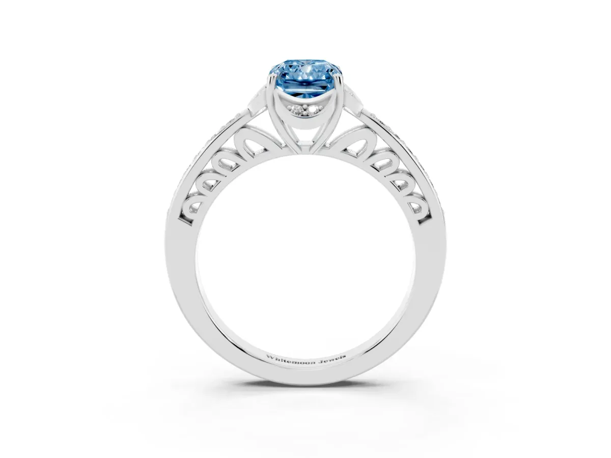 Fancy Blue Radiant Cut Cut Halo Diamond Ring with Channel Set Band and Four-Prong Setting White gold