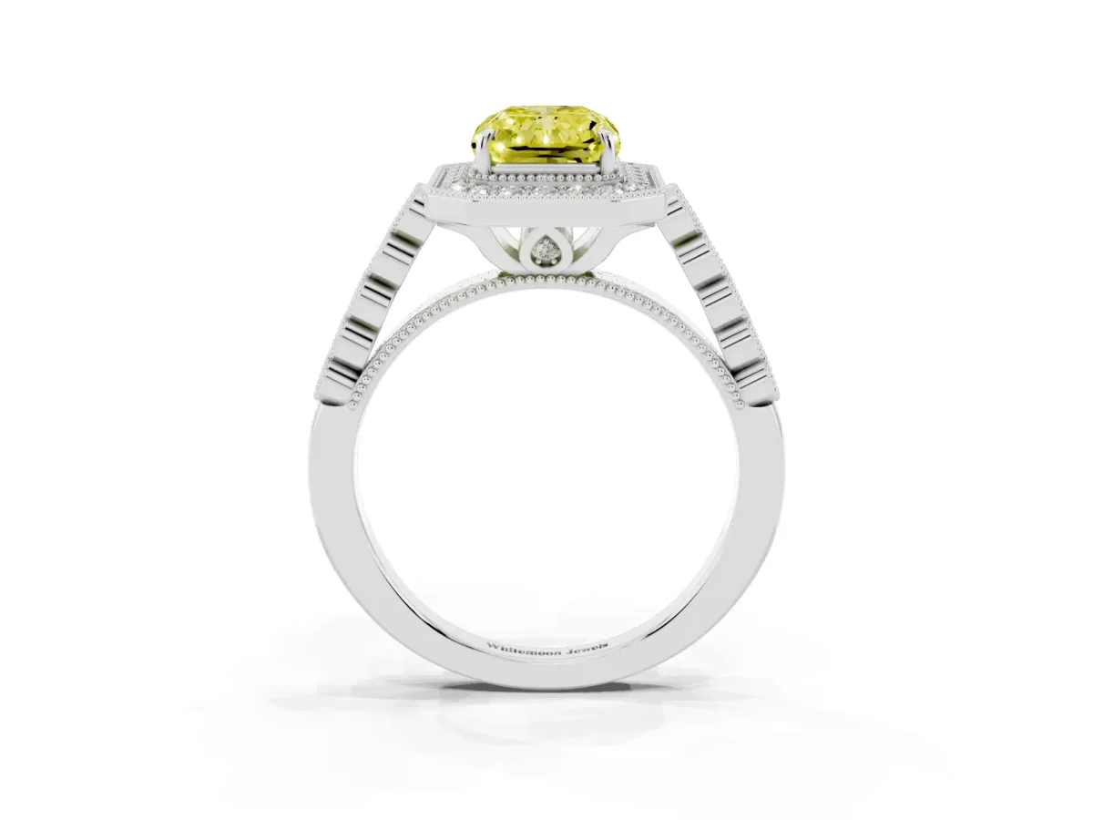 Fancy Yellow Radiant Cut Halo Milgrain Solitaire with Bezel Set Side Stones and Pave Band Platinum
