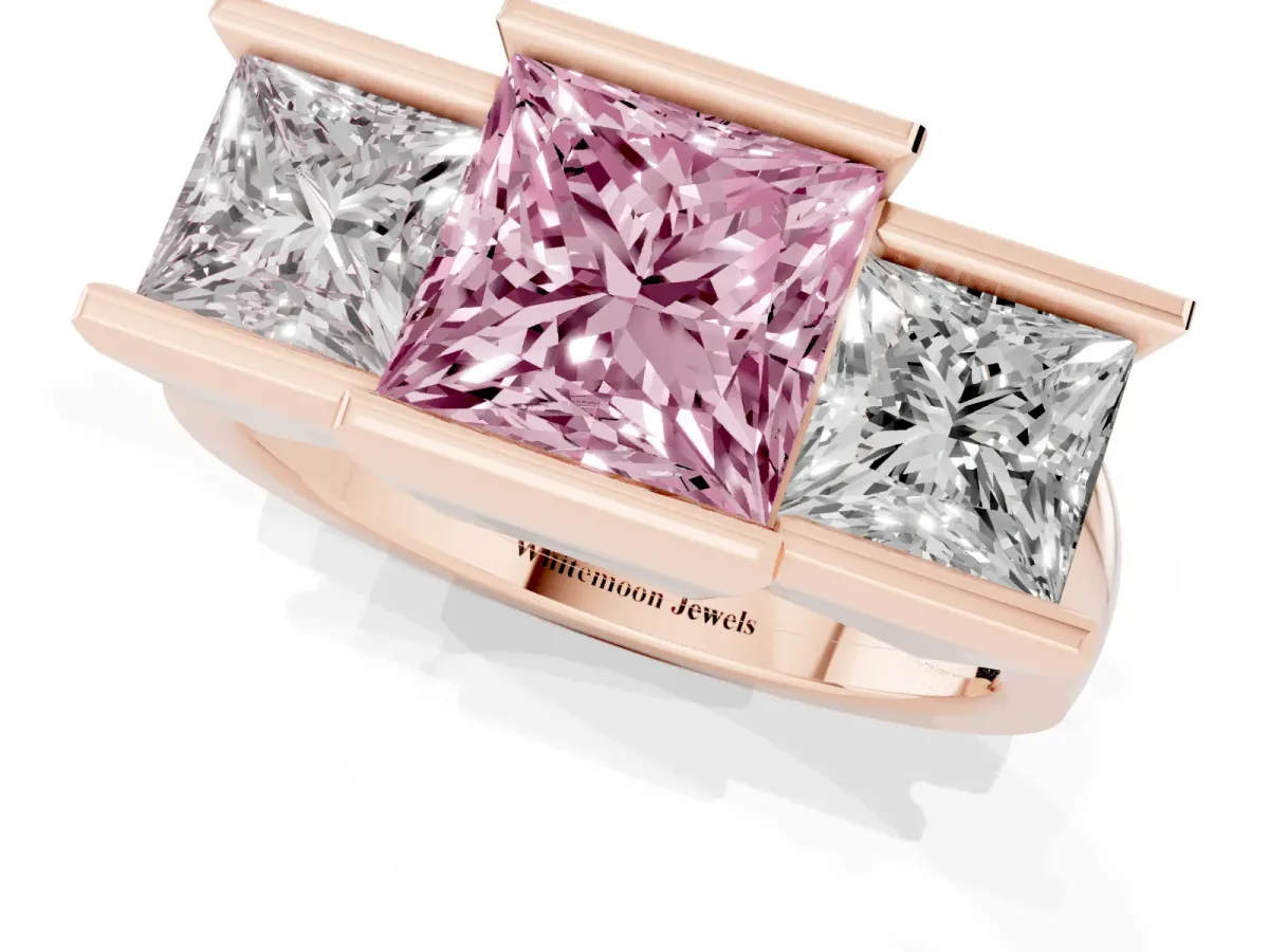 Fancy Pink Three Stone Princess Cut Cut Channel Set Diamond Ring Rose gold