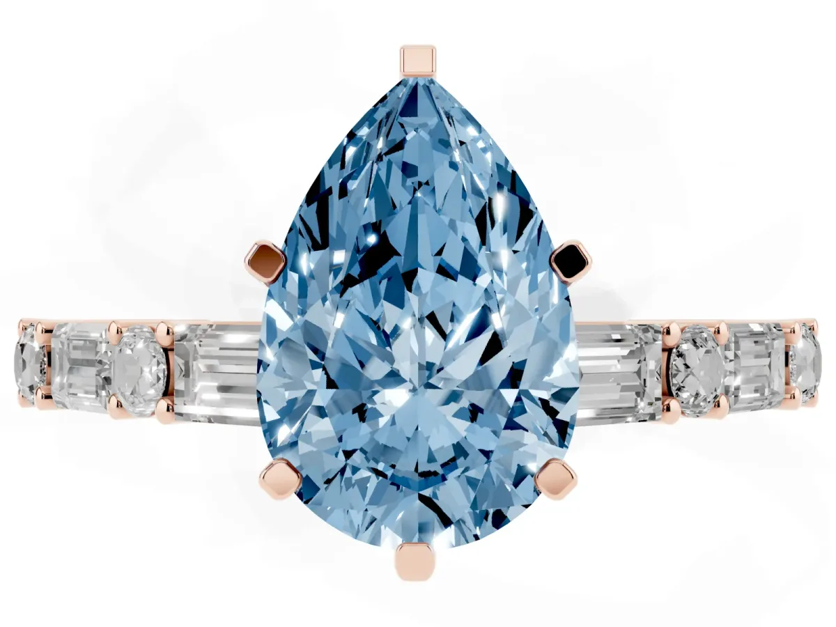 Fancy Blue Pear Cut Diamond Solitaire with Side Baguettes and Channel Set Band Rose gold
