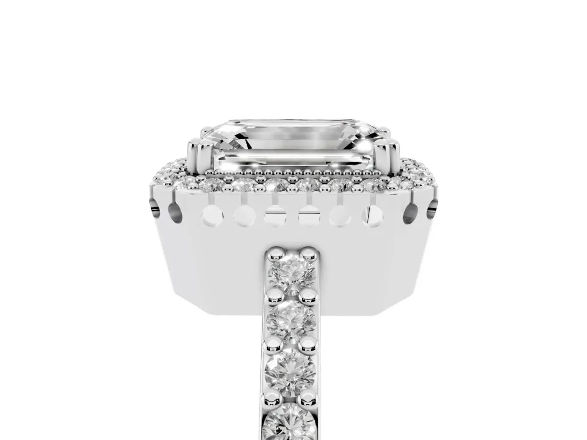 Emerald Cut Cut Diamond Halo Engagement Ring with Milgrain Detail and Pavé Band Silver