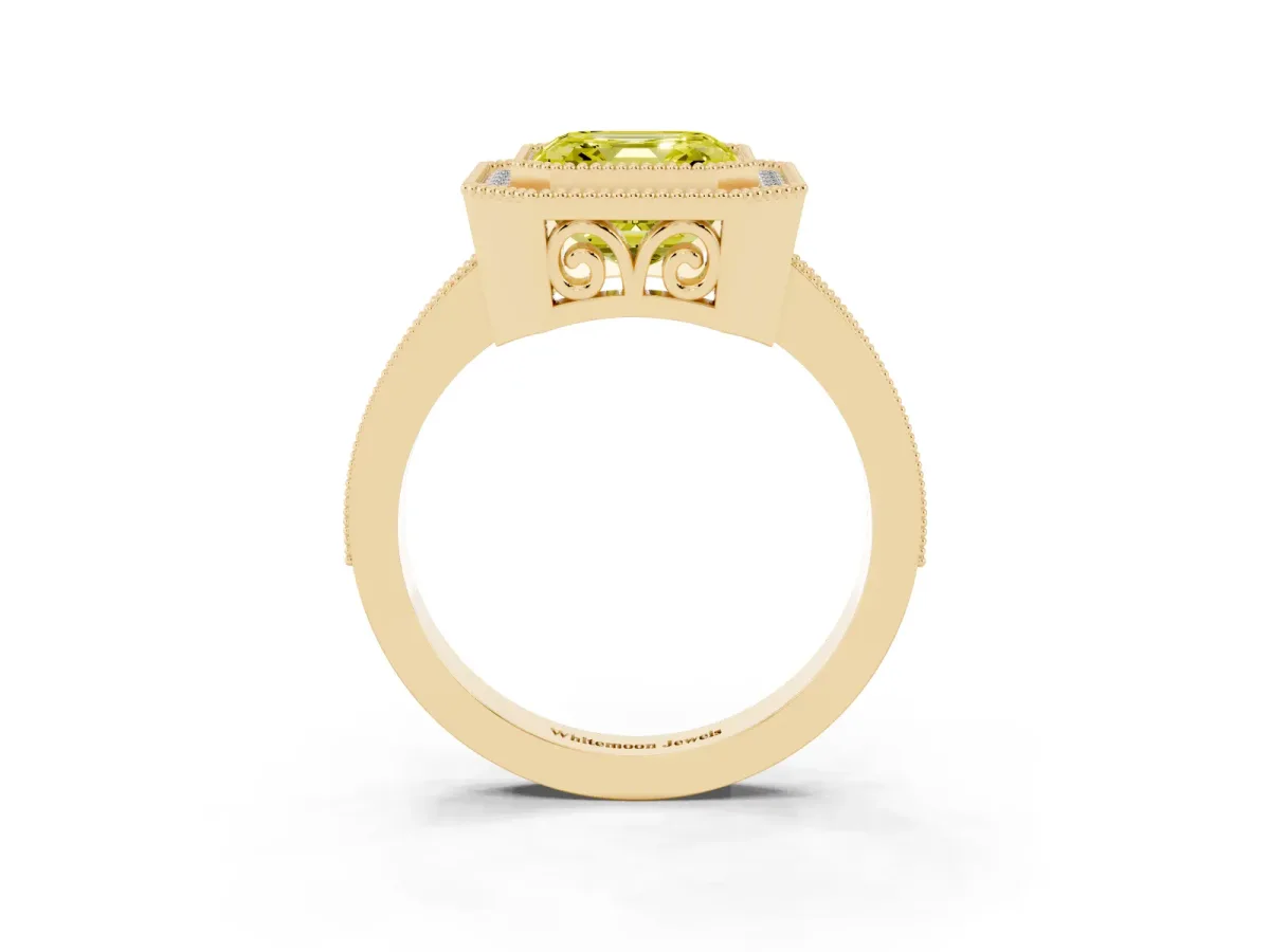 Fancy Yellow Asscher Cut Cut Halo Diamond Ring with Pavé Band and Milgrain Prong Setting Yellow gold