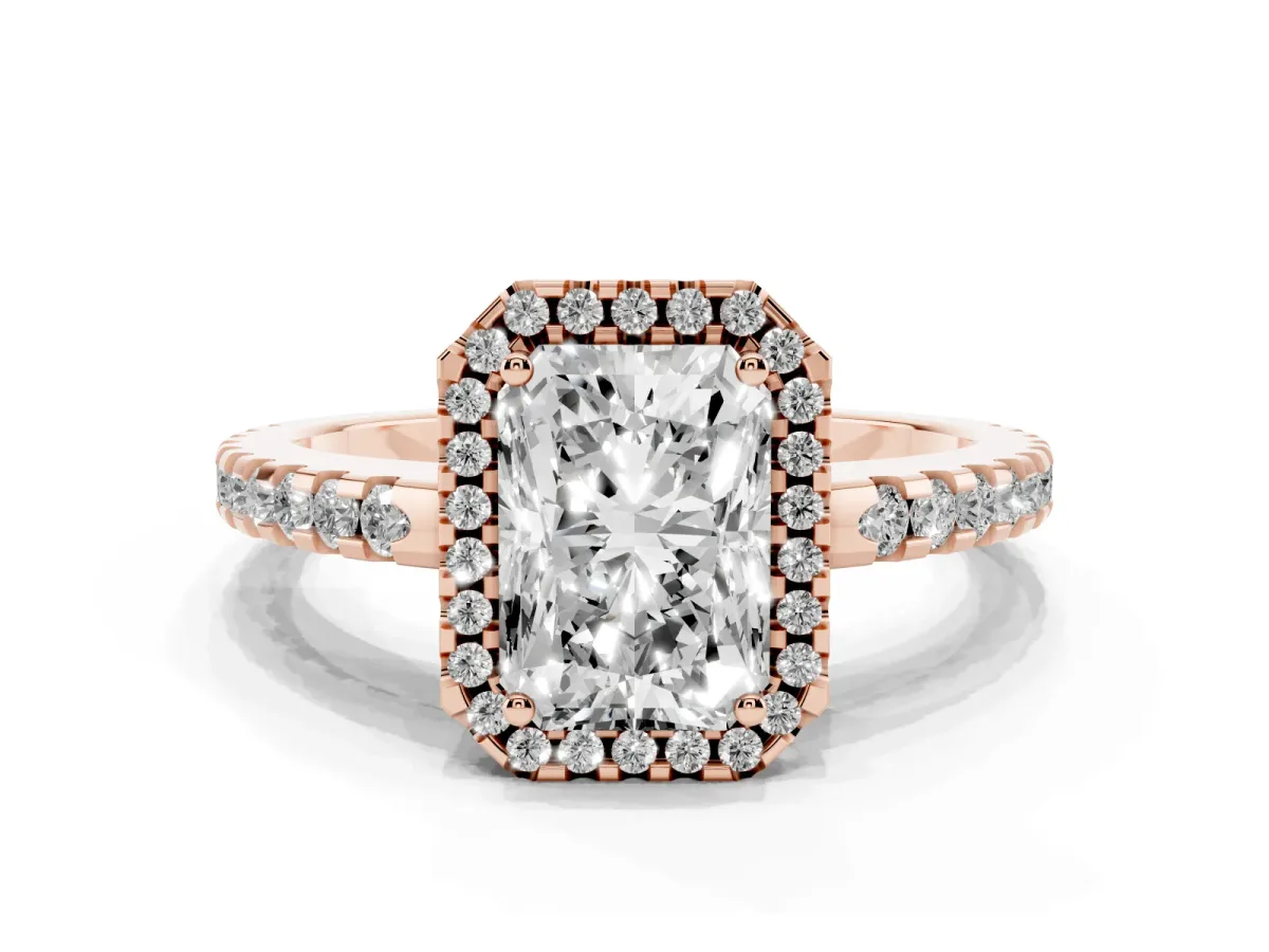 Radiant Cut Diamond Halo Engagement Ring with Pavé Band and Prong Setting Rose gold