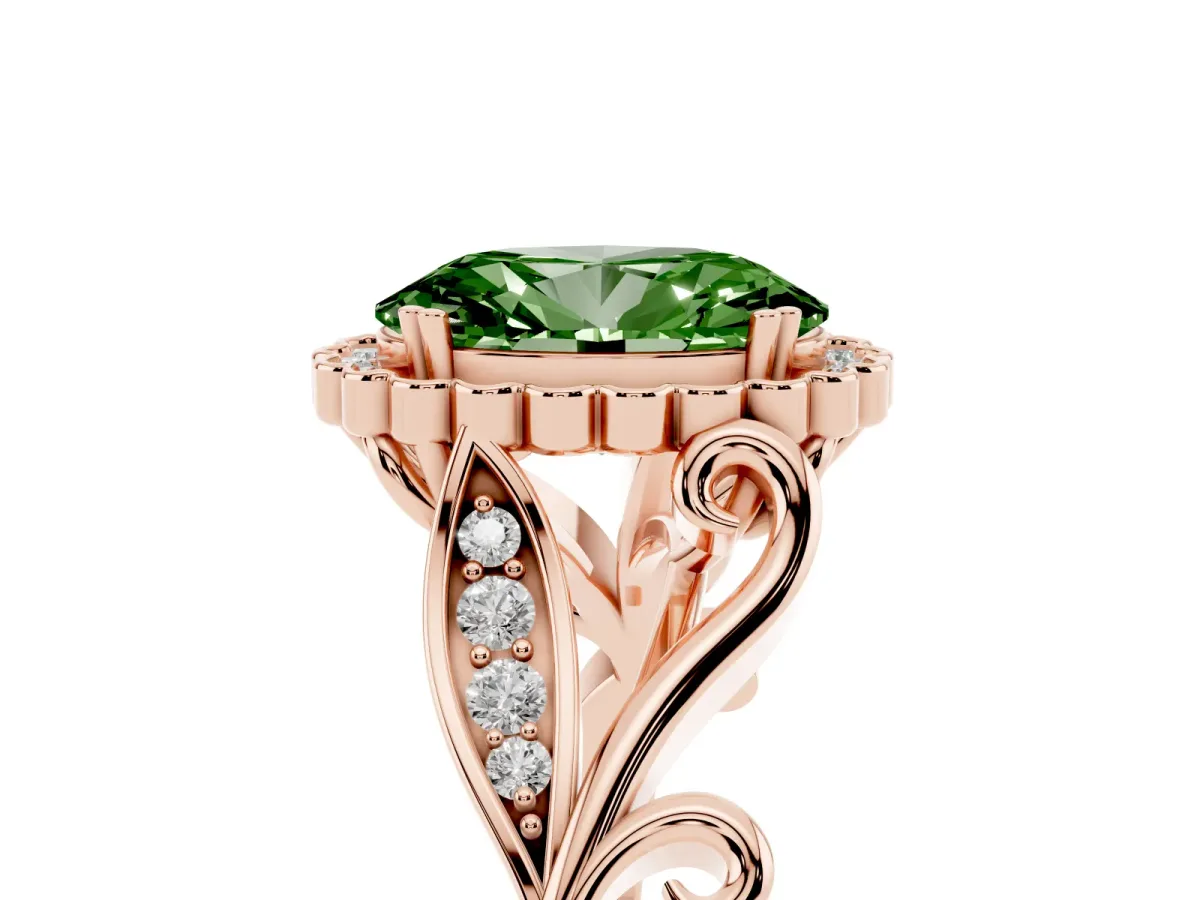 Fancy Green Oval Cut Diamond Halo Ring with Vintage Split Shank and Four-Prong Setting Rose gold