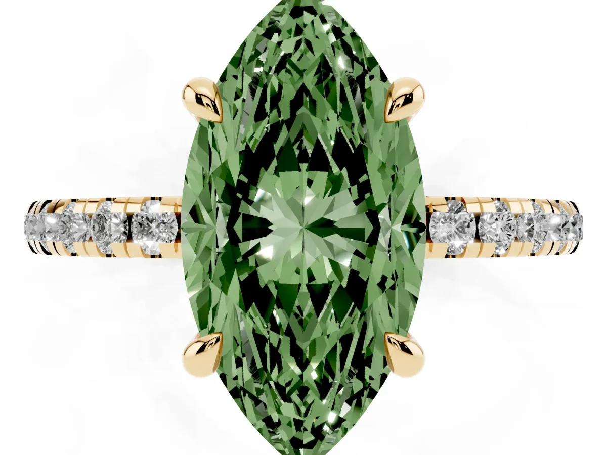 Fancy Green Marquise Cut Diamond Brilliant Solitaire Ring with Pavé Band and Four-Prong Setting Yellow gold