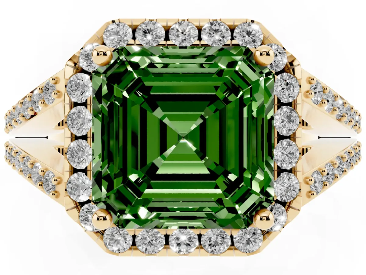 Fancy Green Asscher Cut Halo Split Shank Diamond Ring with Prong Setting Yellow gold