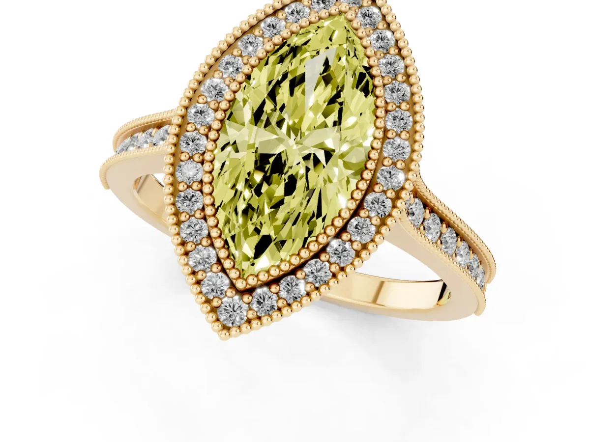Fancy Yellow Halo Marquise Cut-Cut Diamond Pave Band Milgrain Prong Setting Ring Yellow gold