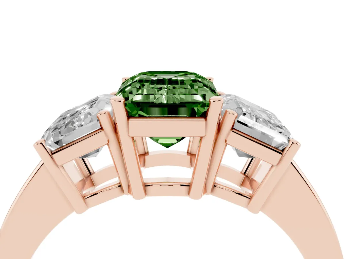 Fancy Green Three-Stone Emerald Cut Cut Diamond Engagement Ring with Flat Band and Four-Prong Setting Rose gold