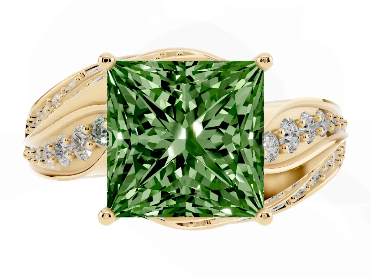 Fancy Green Princess Cut Diamond Solitaire Ring with Prong Setting and Twisted Pavé Band Yellow gold