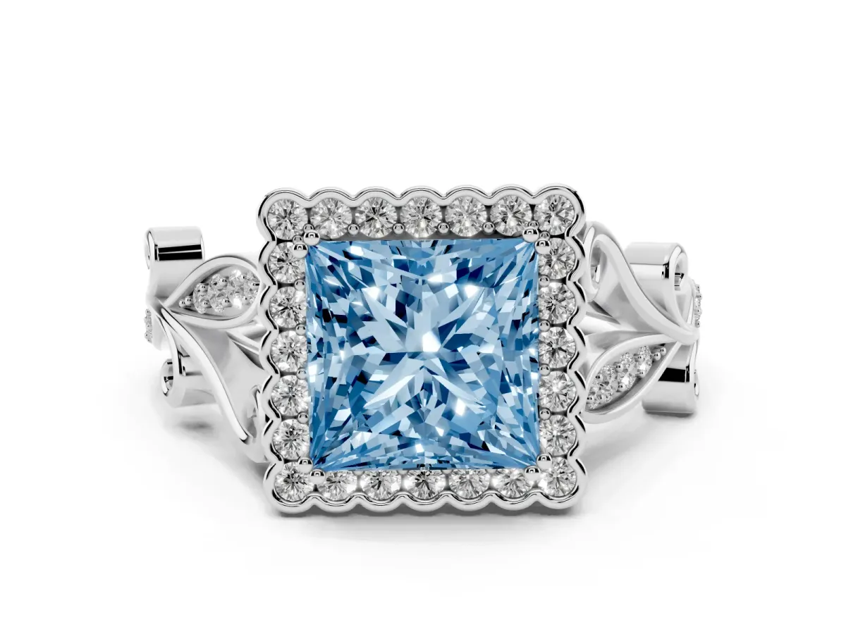 Fancy Blue Princess Cut Diamond Halo Ring with Vintage Split Shank and Four-Prong Setting Silver