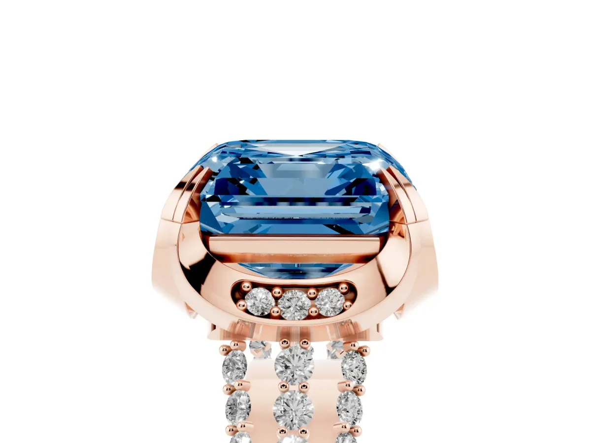 Fancy Blue Asscher Cut Solitaire Pave Split Shank Ring with Four-Prong Setting Rose gold