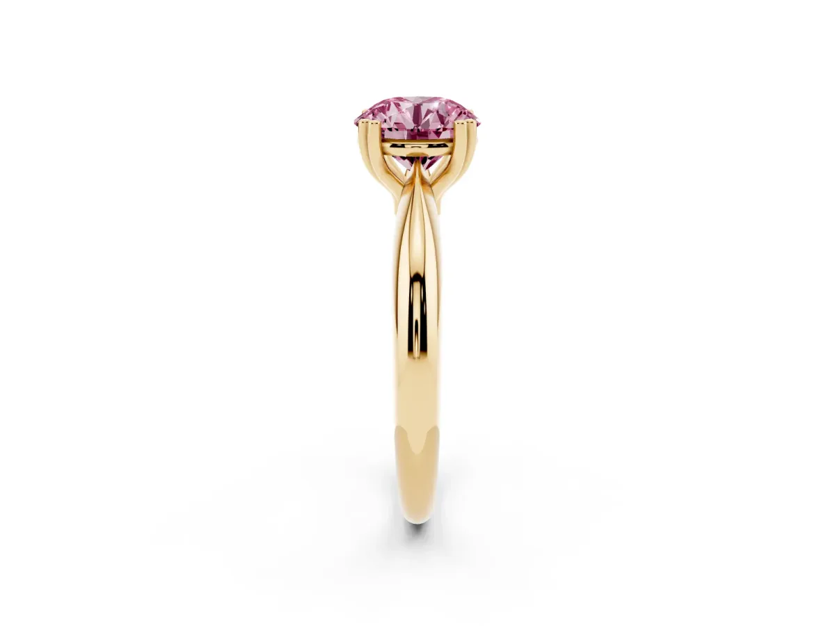 Fancy Pink Round Cut Cut Solitaire Engagement Ring with Tapered Band and Four-Prong Setting Yellow gold