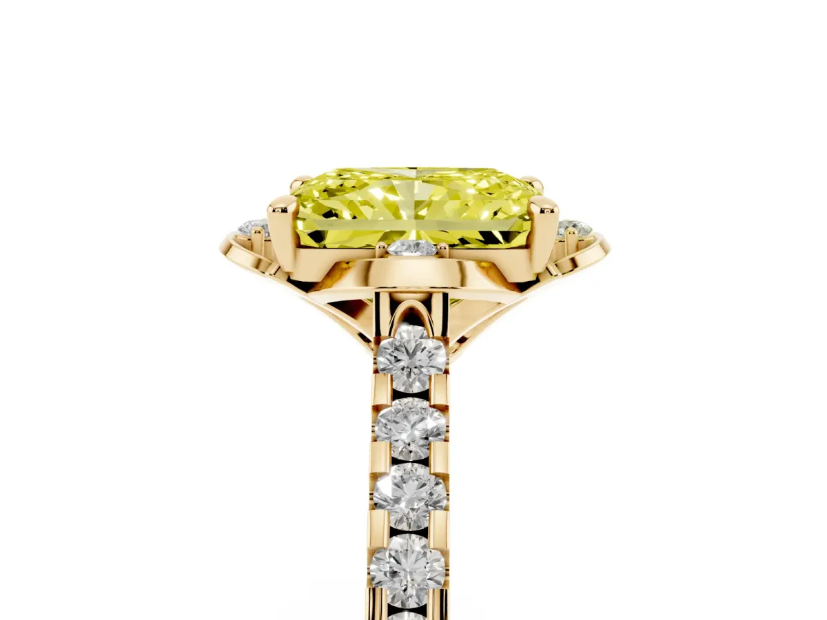 Fancy Yellow Radiant Cut Diamond Ring with Pavé Band and Floral Prong Setting Yellow gold