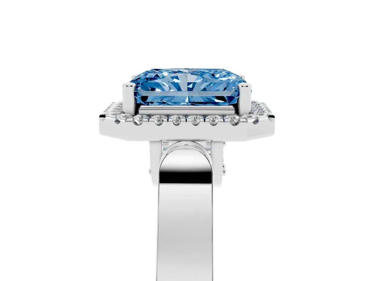 Fancy Blue Radiant Cut Halo Round Diamond Twist Band with Four-Prong Setting White gold