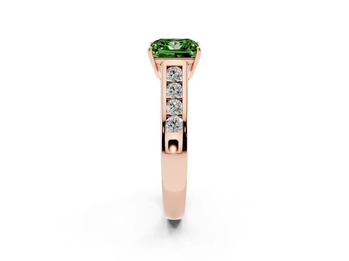 Fancy Green Princess Cut Brilliant Channel-Set Solitaire Ring with Four-Prong Setting Rose gold