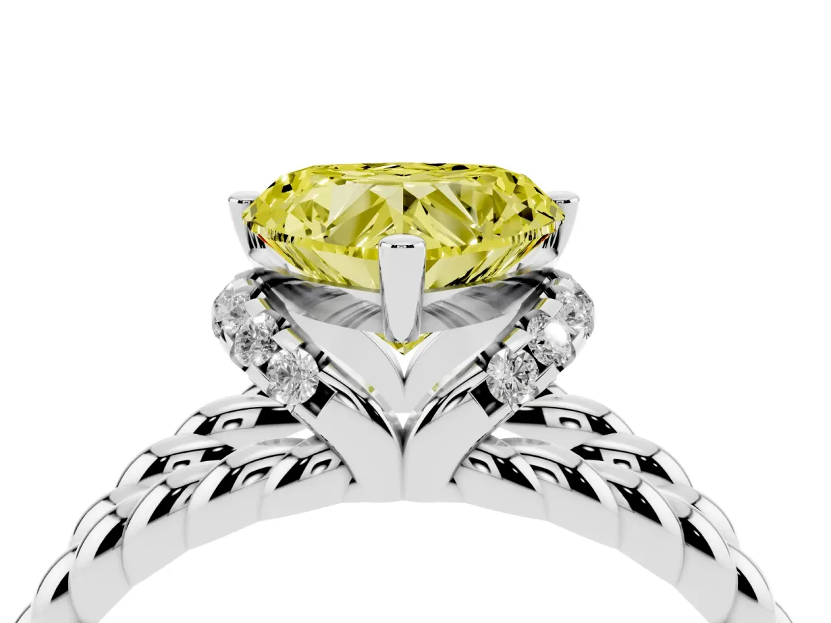 Fancy Yellow Heart Cut Halo Twisted Band Four-Prong Ring Platinum