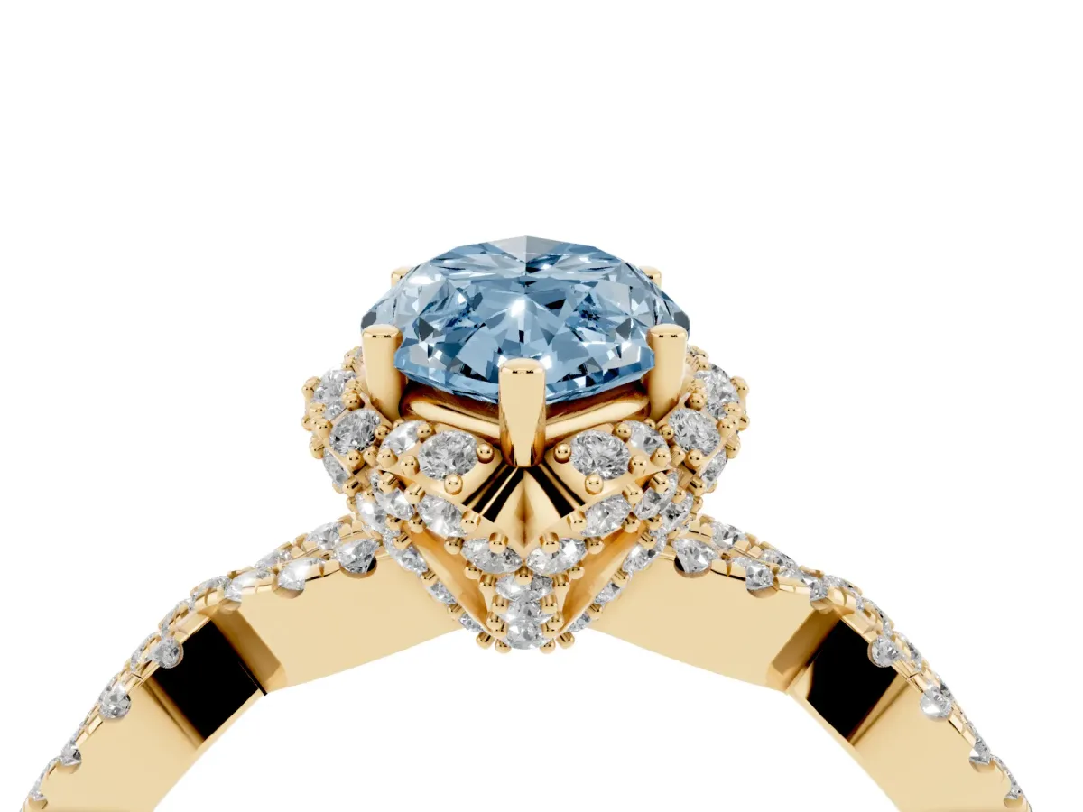 Fancy Blue Marquise Cut Halo Twist Band Solitaire Ring with Six-Prong Setting Yellow gold