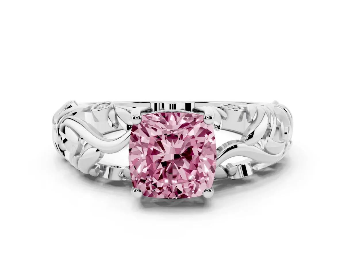 Fancy Pink Cushion Cut Solitaire Diamond Leaf-Inspired Vine Band Ring with Prong Setting Platinum