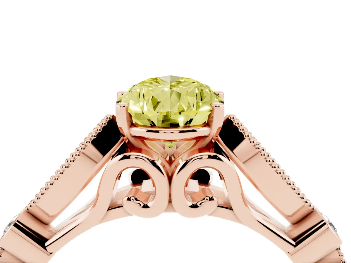 Fancy Yellow Pear Cut Cut Diamond with Milgrain Marquise and Bezel Accents on a Solitaire Band with Prong Setting Rose gold