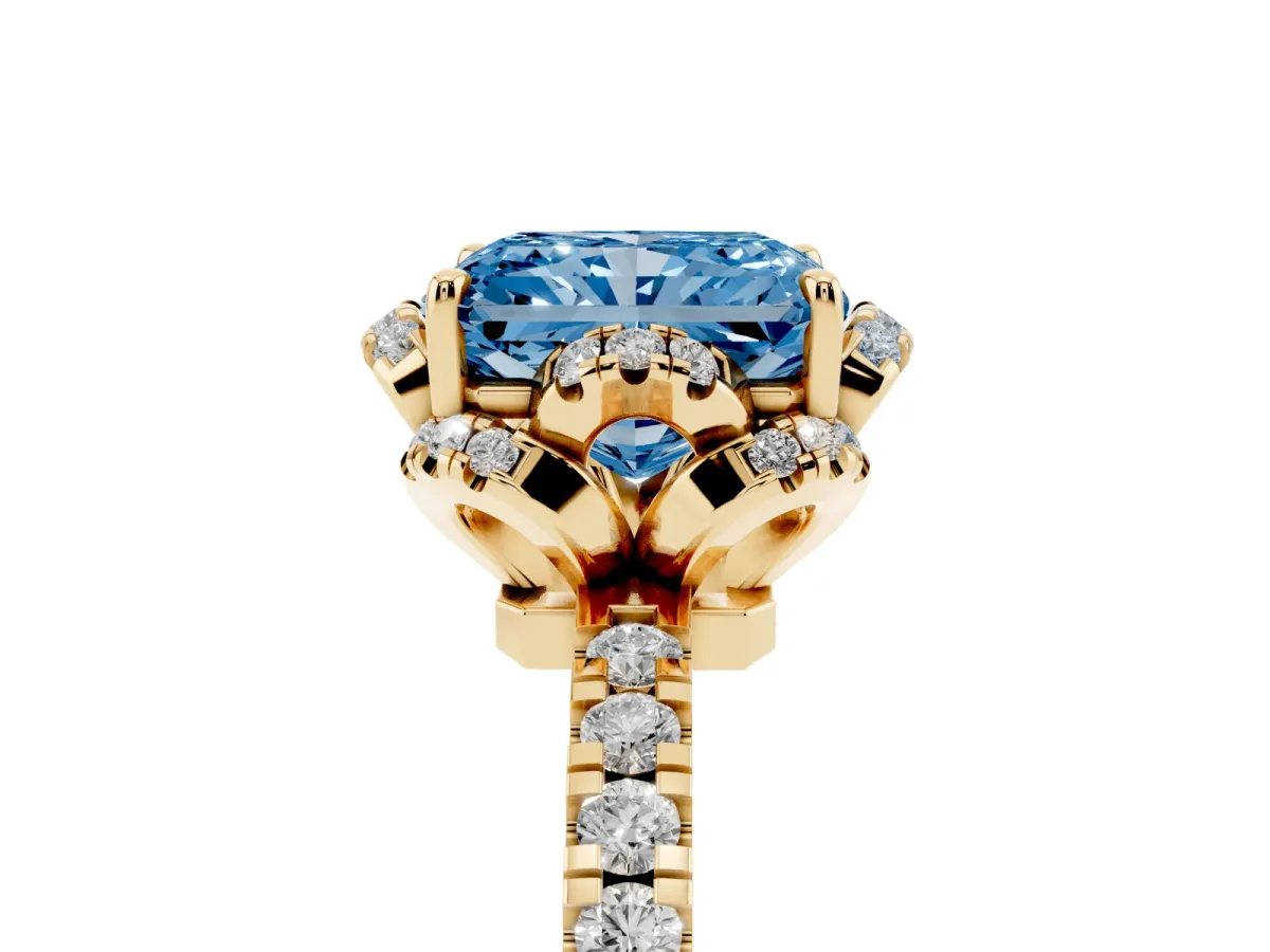 Fancy Blue Radiant Cut Halo Diamond Pave Band Ring with Four-Prong Setting Yellow gold