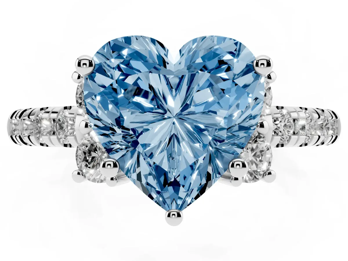 Fancy Blue Heart Cut Diamond Three-Stone Pave Band with Four-Prong Setting Silver
