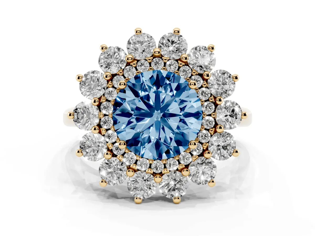 Fancy Blue Round Cut Diamond Floral Double Halo Engagement Ring with Prong Setting Yellow gold