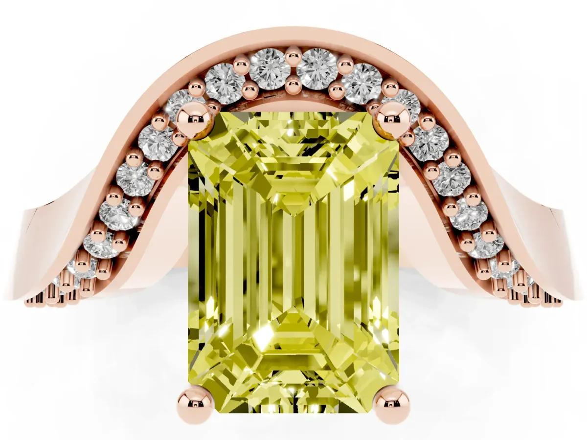 Fancy Yellow Emerald Cut Solitaire Diamond Engagement Ring with Pave Band and Four-Prong Setting Rose gold