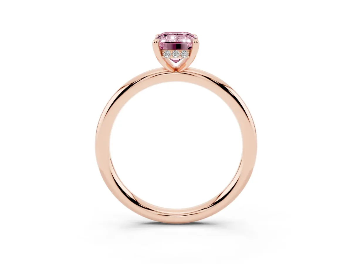 Fancy Pink Emerald Cut Diamond Solitaire Ring with Thin Band and Four-Prong Setting Rose gold