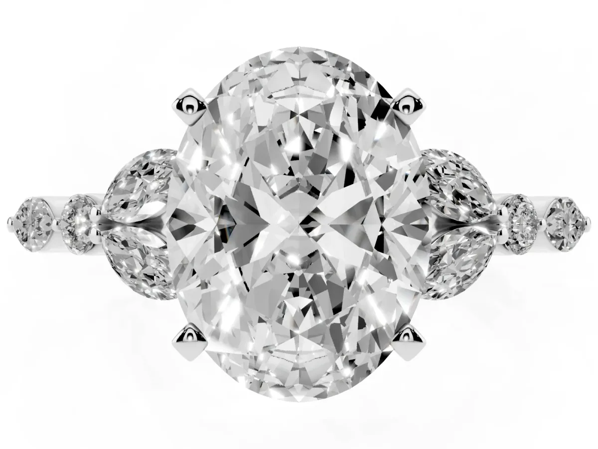 Oval Cut Diamond Solitaire Ring with Side Stones and Four-Prong Setting Silver