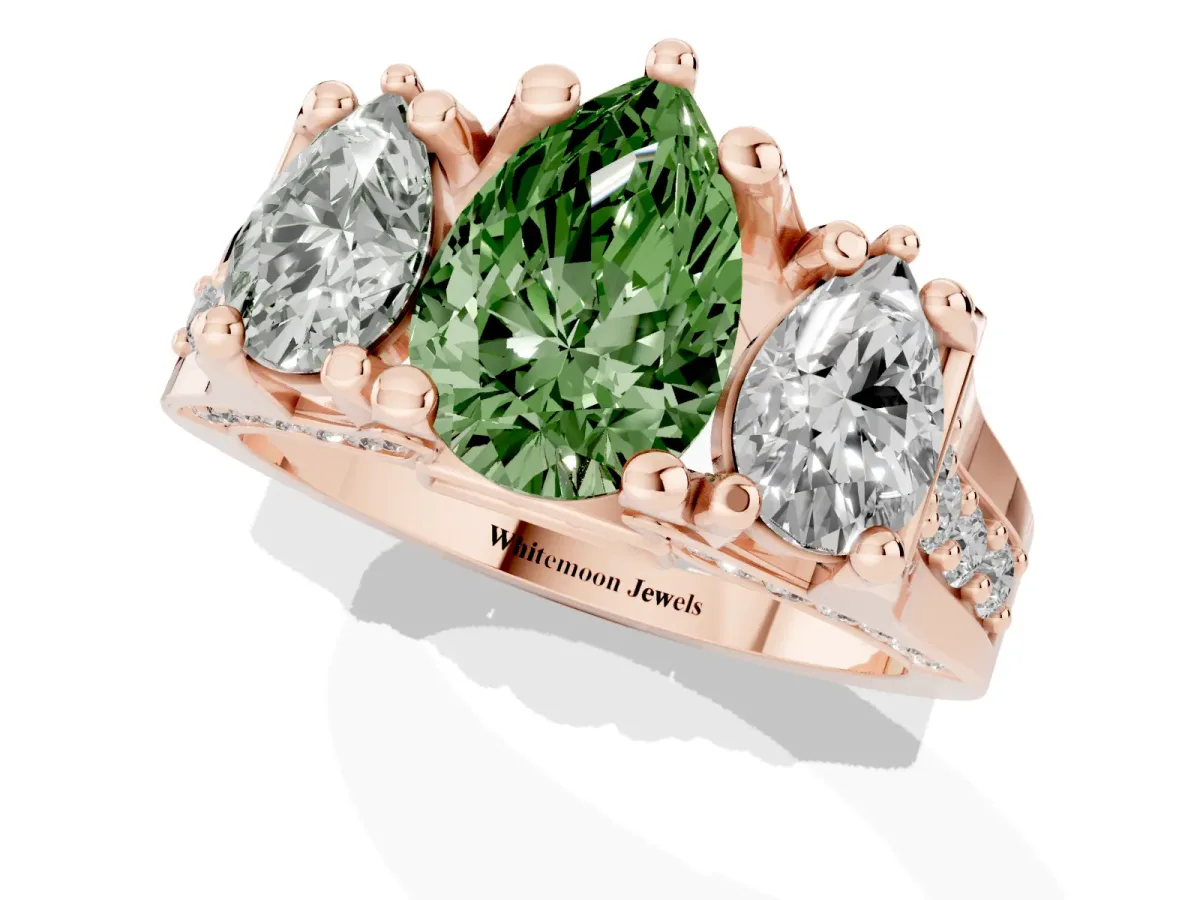 Fancy Green Pear Cut Diamond Three-Stone Ring with Channel Set Band and Four-Prong Setting Rose gold